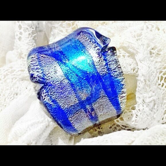 Blue Silver Murano Glass large freeform ring sz 7.5 new - Picture 4 of 7